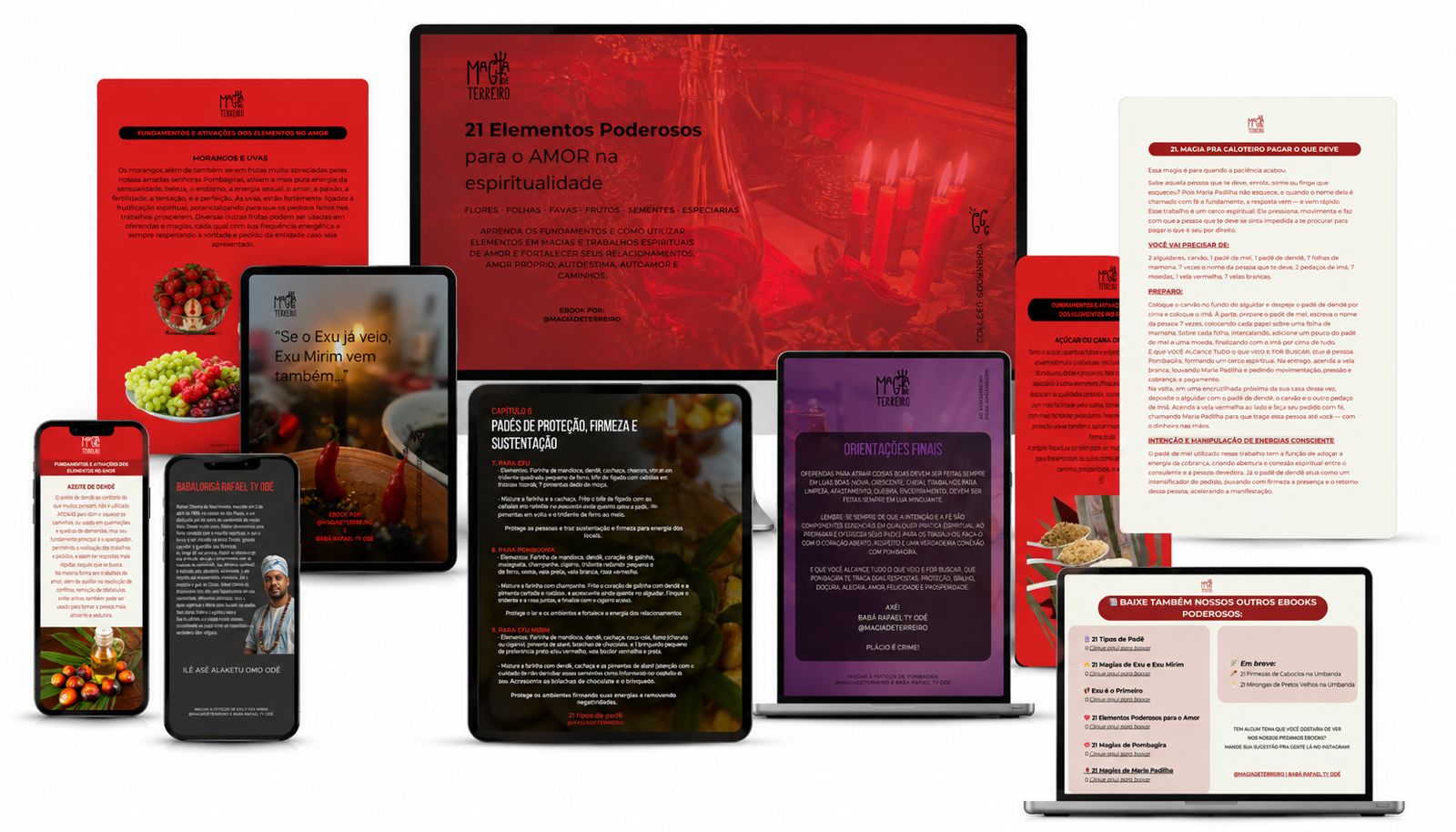Mockup do arsenal espiritual: ebooks 21 Elementos Poderosos, 21 Magias de Exu e Exu Mirim, Padês e mais